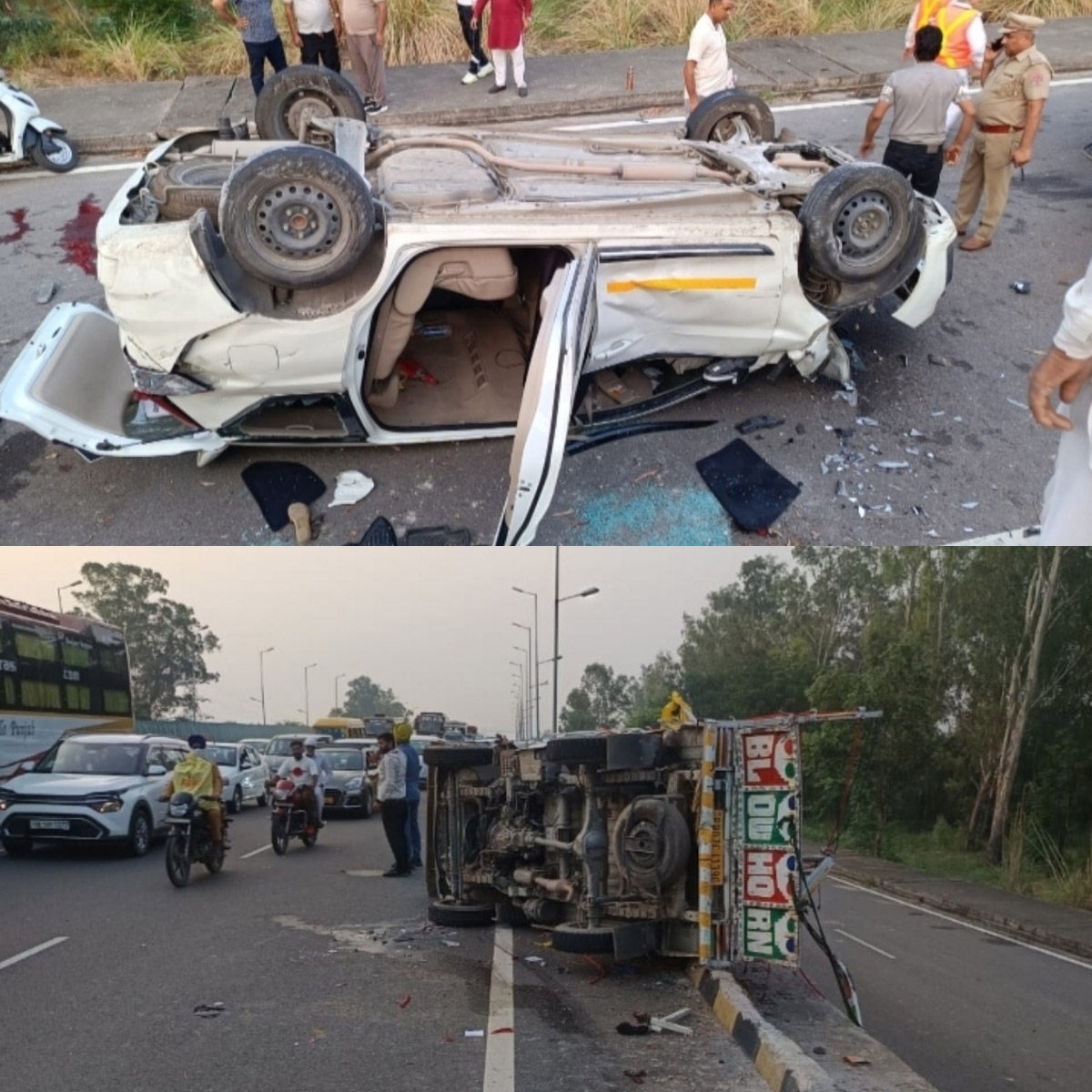 17 injured, 3 dead in accident between car and Mahindra pickup vehicle.